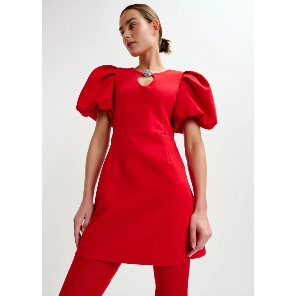 Essentiel Antwerp Red mini dress with voluminous sleeves and jewel embellishment - Essentiel Antwerp Dresses - Colorful Belgian Design - Shop at Luxury Shoes 