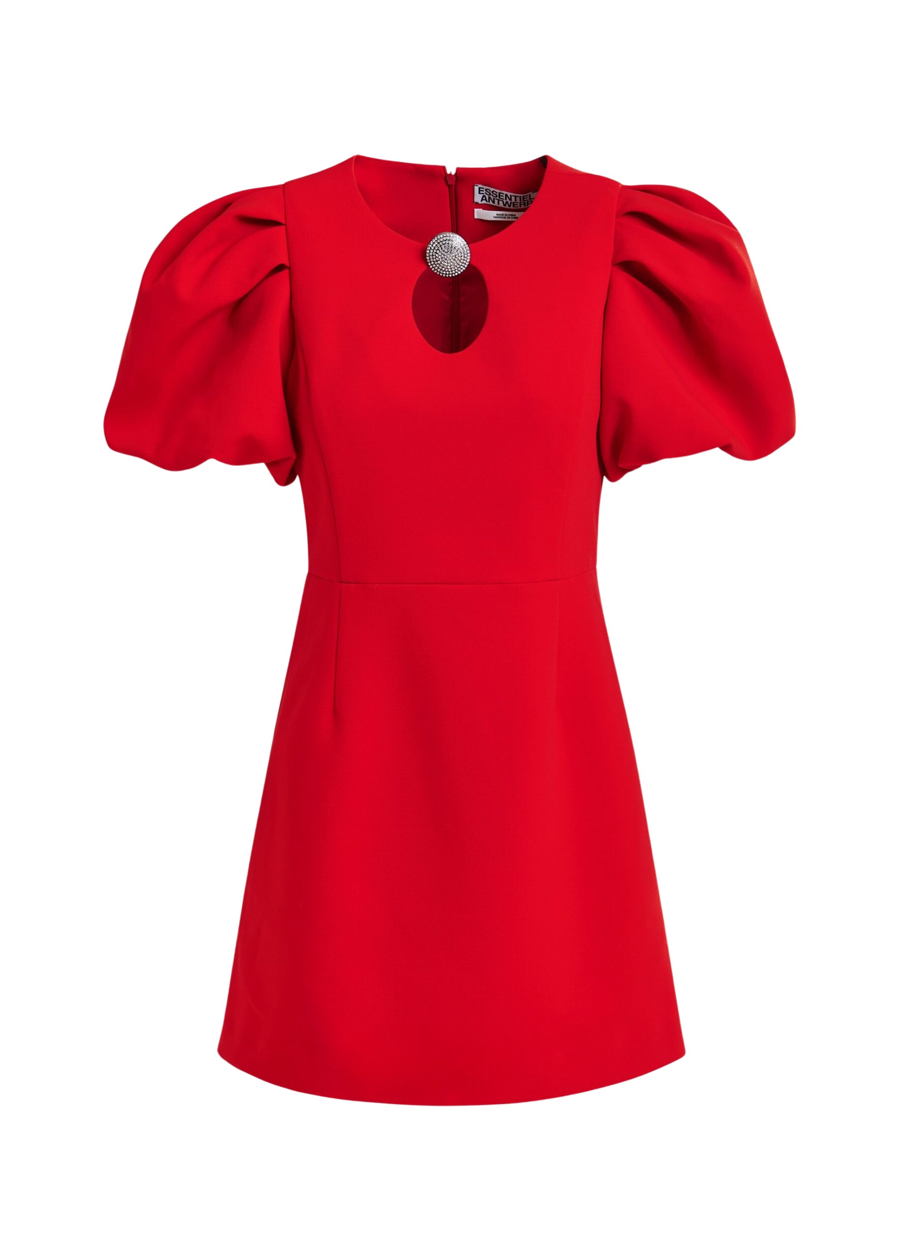 Essentiel Antwerp Red mini dress with voluminous sleeves and jewel embellishment