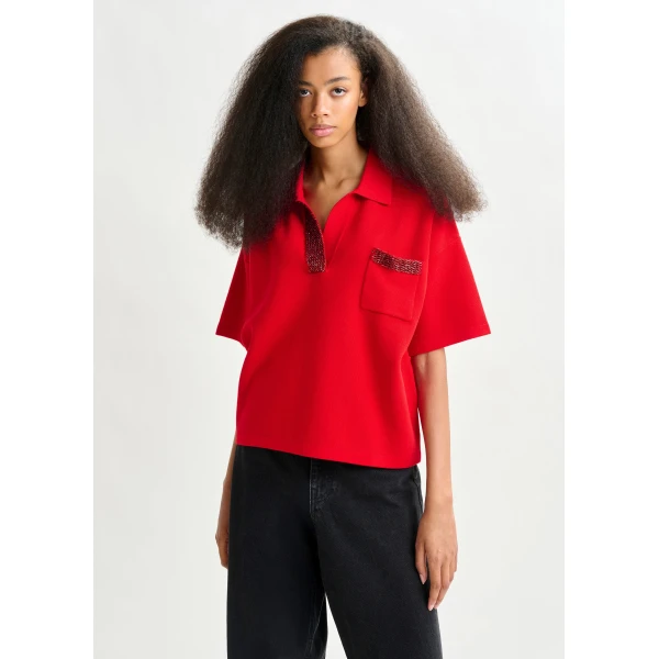 Essentiel Antwerp Red polo top with bead embellishments - Essentiel Antwerp Tops - Colorful Belgian Design - Shop at Luxury Shoes 