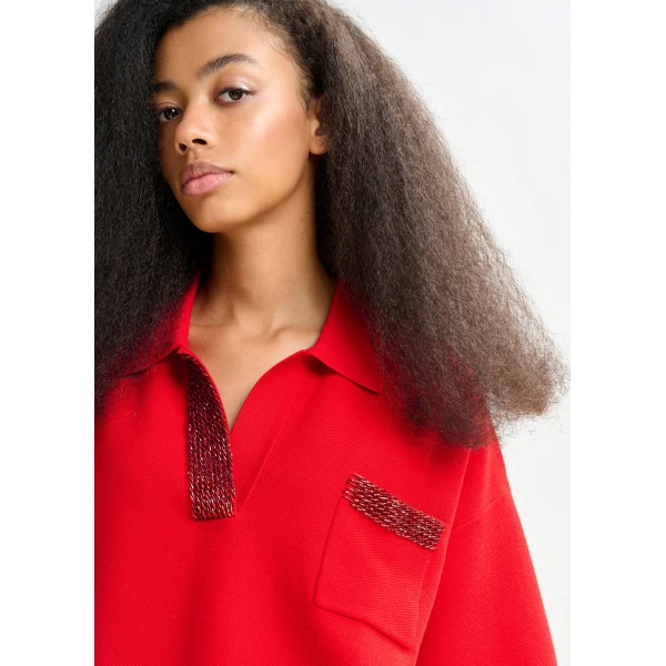Essentiel Antwerp Red polo top with bead embellishments - Essentiel Antwerp Tops - Colorful Belgian Design - Shop at Luxury Shoes 