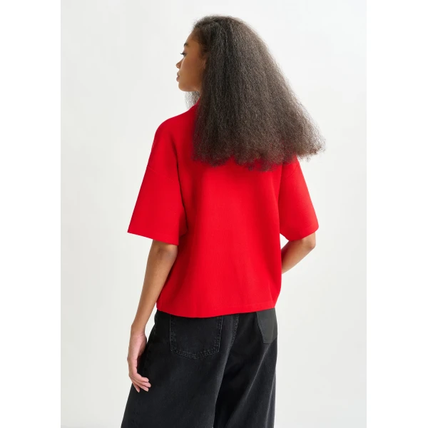Essentiel Antwerp Red polo top with bead embellishments - Essentiel Antwerp Tops - Colorful Belgian Design - Shop at Luxury Shoes 
