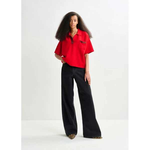 Essentiel Antwerp Red polo top with bead embellishments - Essentiel Antwerp Tops - Colorful Belgian Design - Shop at Luxury Shoes 