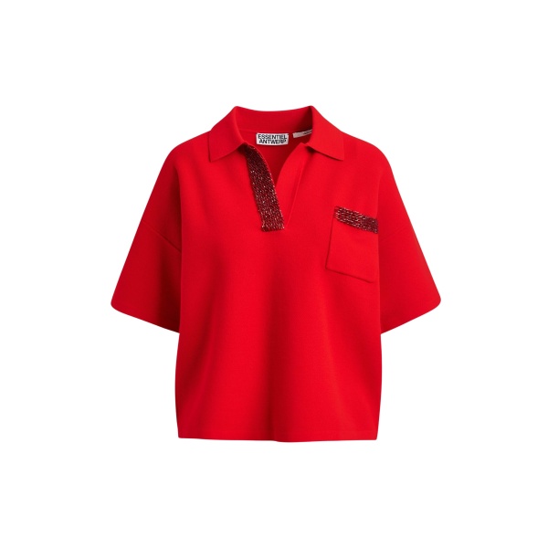 Essentiel Antwerp Red polo top with bead embellishments - Essentiel Antwerp Tops - Colorful Belgian Design - Shop at Luxury Shoes 