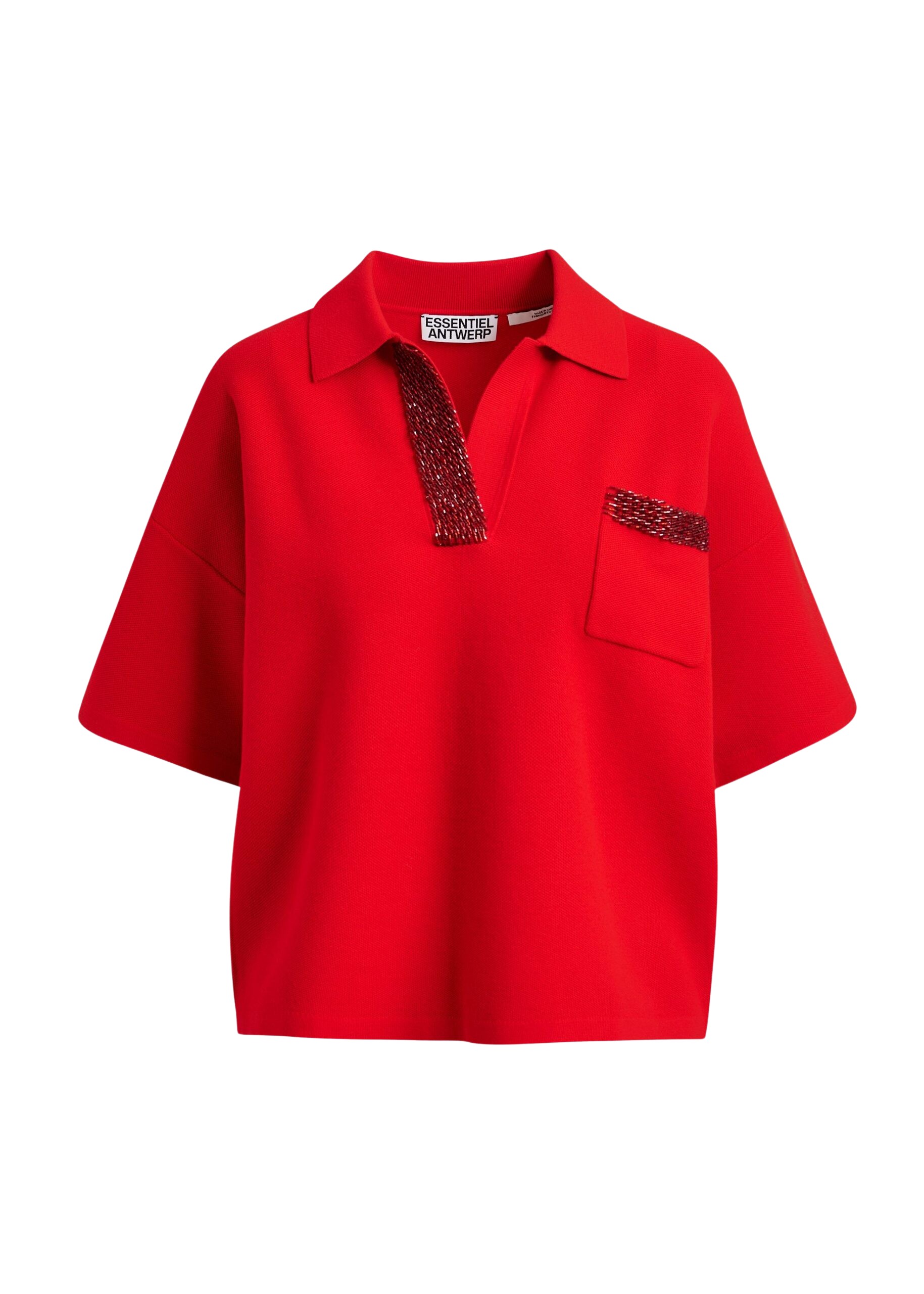 Essentiel Antwerp Red polo top with bead embellishments