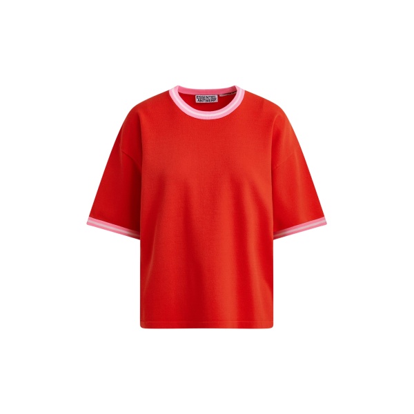 Essentiel Antwerp Red slightly cropped knit T-shirt with pink contrasting trim - Essentiel Antwerp Shirts - Colorful Belgian Design - Shop at Luxury Shoes 