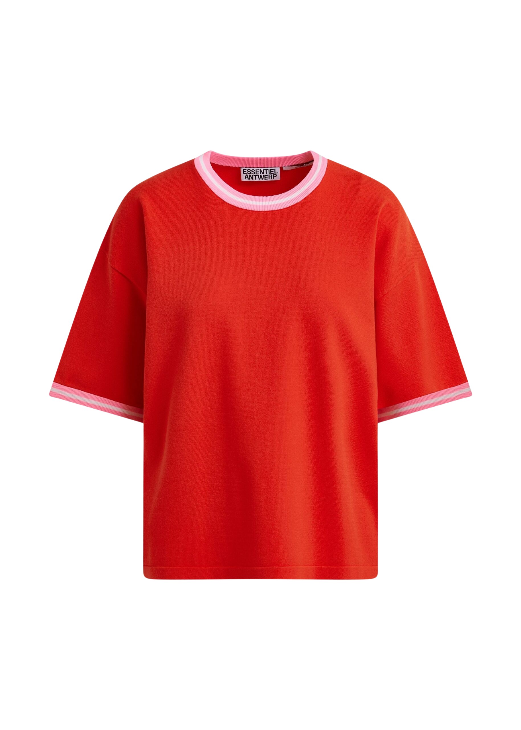 Essentiel Antwerp Red slightly cropped knit T-shirt with pink contrasting trim