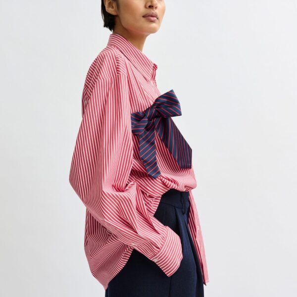 Essentiel Antwerp Red, white and navy striped oversized cotton shirt with tie bows, view 3