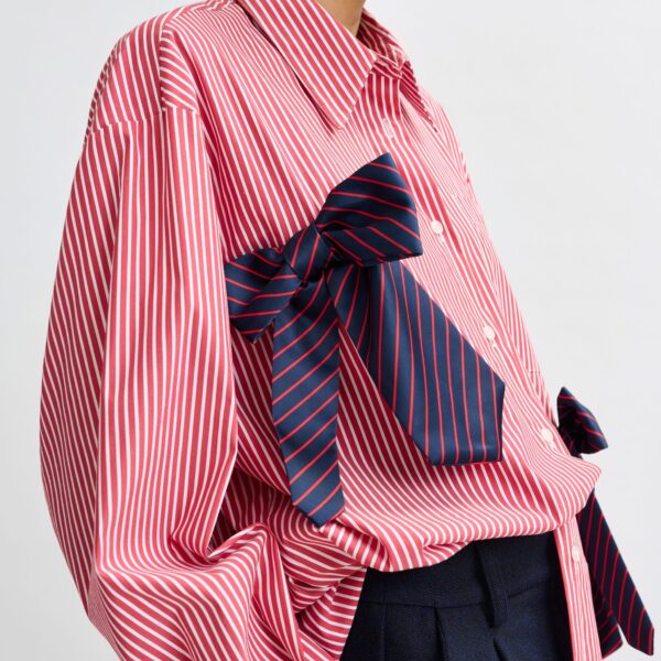 Essentiel Antwerp Red, white and navy striped oversized cotton shirt with tie bows, view 4