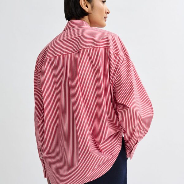 Essentiel Antwerp Red, white and navy striped oversized cotton shirt with tie bows, view 5