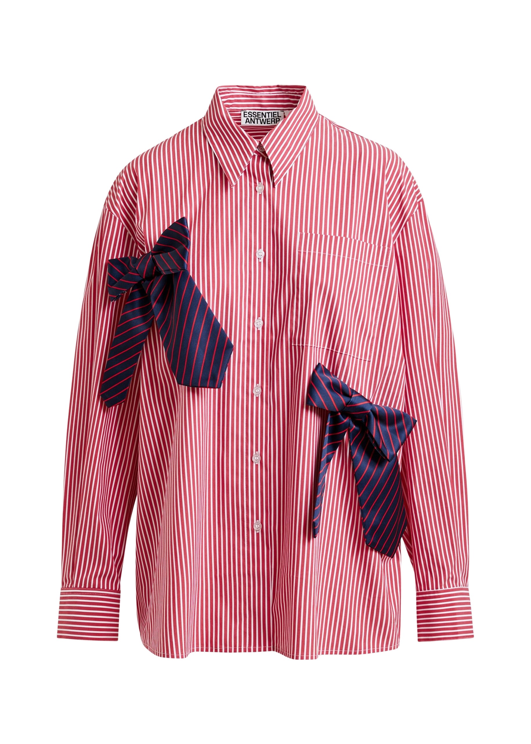 Essentiel Antwerp Red, white and navy striped oversized cotton shirt with tie bows