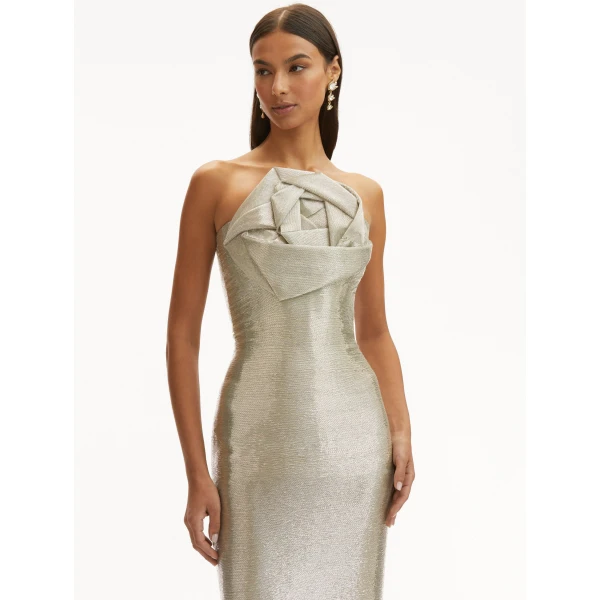 Oscar de la Renta Rosette Bugle Bead Column Gown - Oscar de la Renta Dresses - American Couture - Shop at Luxury Shoes 