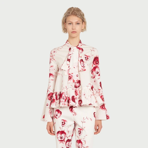 Giambattista Valli Ruby Pansies Ivory Poplin Blouse - Giambattista Valli Tops - Romantic Couture - Shop at Luxury Shoes 