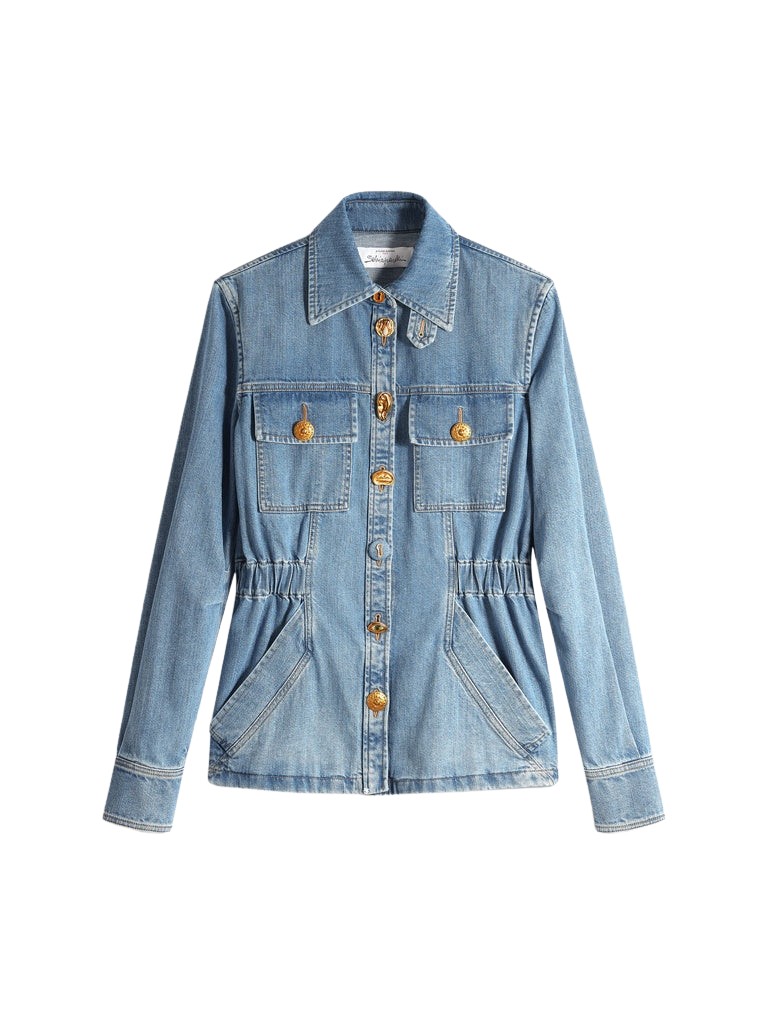 Schiaparelli Smocked Safari Denim Shirt Tops in Schiaparelli Authentic Luxury Fashion at Luxury Shoes 