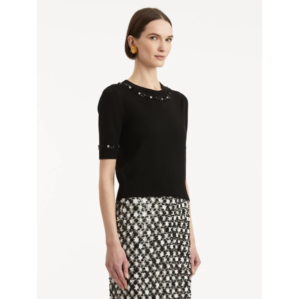 Oscar de la Renta Sequin Floret Trim Pullover - Oscar de la Renta Knitwear - American Couture - Shop at Luxury Shoes 