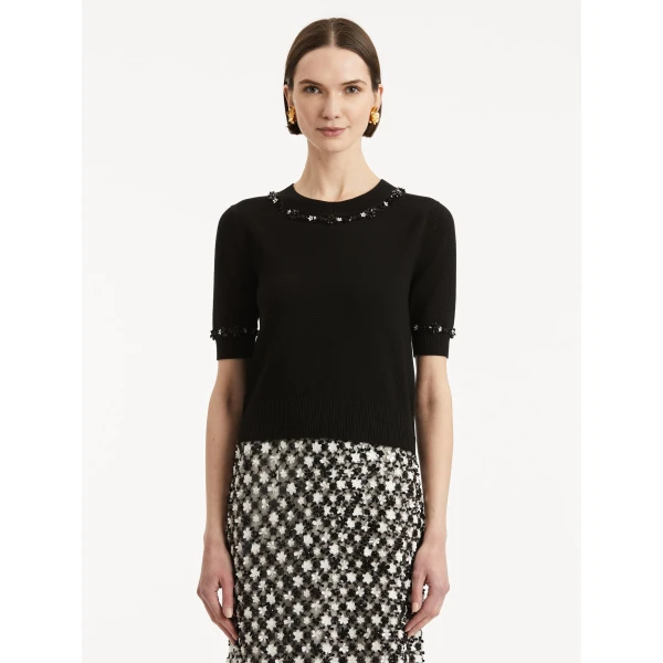 Oscar de la Renta Sequin Floret Trim Pullover - Oscar de la Renta Knitwear - American Couture - Shop at Luxury Shoes 
