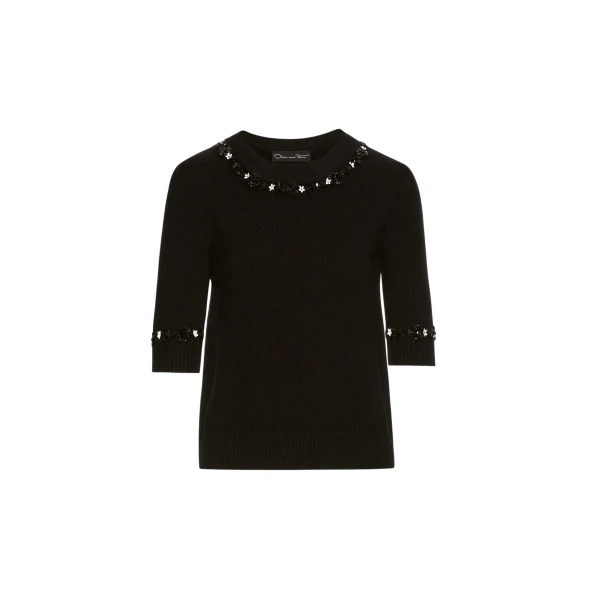 Oscar de la Renta Sequin Floret Trim Pullover - Oscar de la Renta Knitwear - American Couture - Shop at Luxury Shoes 