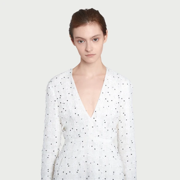 Giambattista Valli Short Ivory Dress With Black Polka Dots And Ruffles In Bouclé - Giambattista Valli Dresses - Romantic Couture - Shop at Luxury Shoes 