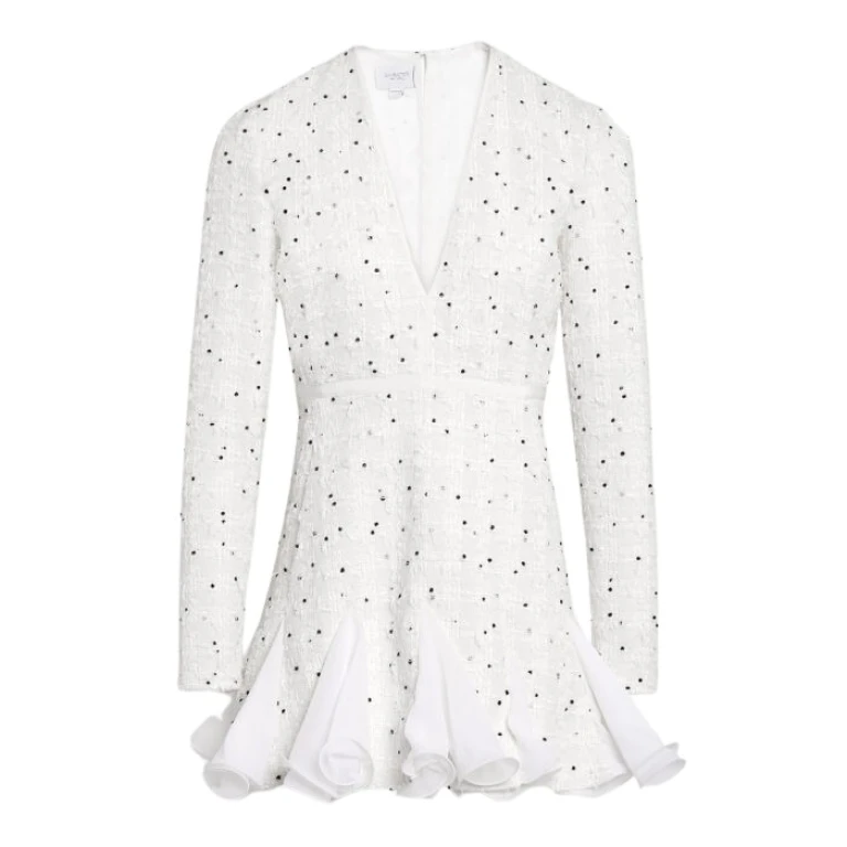 Giambattista Valli Short Ivory Dress With Black Polka Dots And Ruffles In Bouclé - Giambattista Valli Dresses - Romantic Couture - Shop at Luxury Shoes 