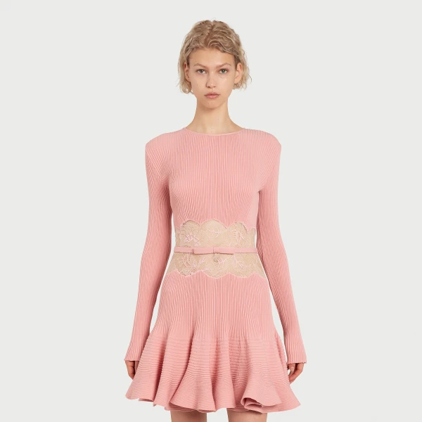Giambattista Valli Short Pink Knit Dress With Lace - Giambattista Valli Dresses - Romantic Couture - Shop at Luxury Shoes 