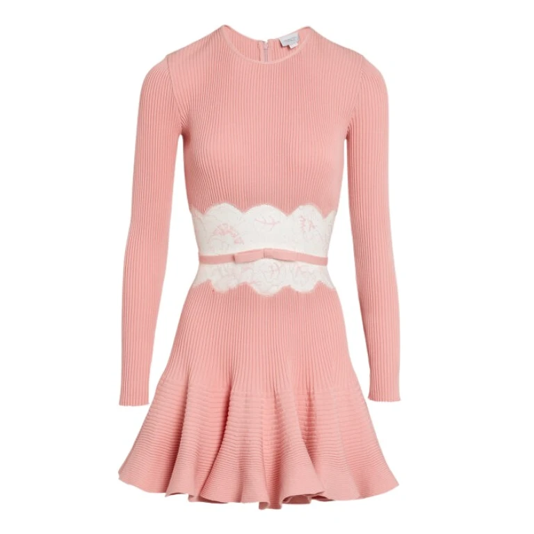 Giambattista Valli Short Pink Knit Dress With Lace - Giambattista Valli Dresses - Romantic Couture - Shop at Luxury Shoes 