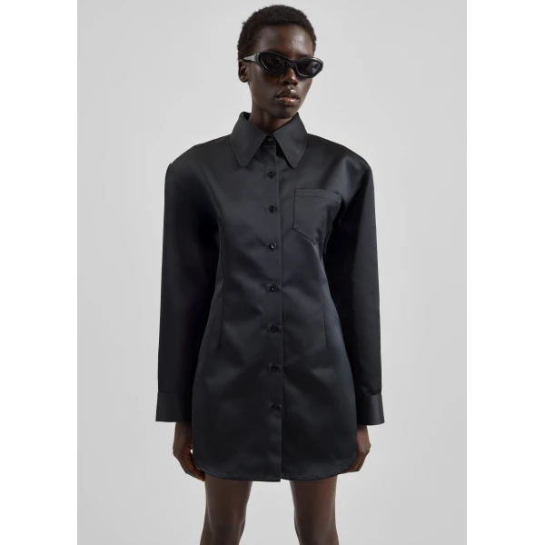 The Frankie Shop Akita Satin Cinched Shirt Dress - Black - Oversized Minimalist Tops in Black - Shop at Luxury Shoes 