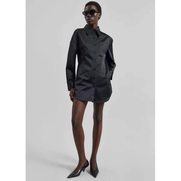 The Frankie Shop Akita Satin Cinched Shirt Dress - Black - Oversized Minimalist Tops in Black - Shop at Luxury Shoes 