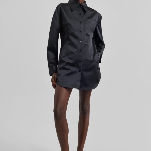 The Frankie Shop Akita Satin Cinched Shirt Dress – Black, view 4