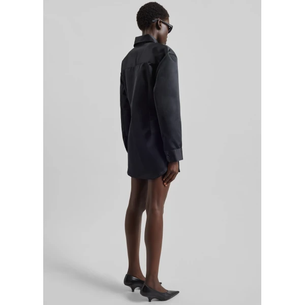 The Frankie Shop Akita Satin Cinched Shirt Dress - Black - Oversized Minimalist Tops in Black - Shop at Luxury Shoes 