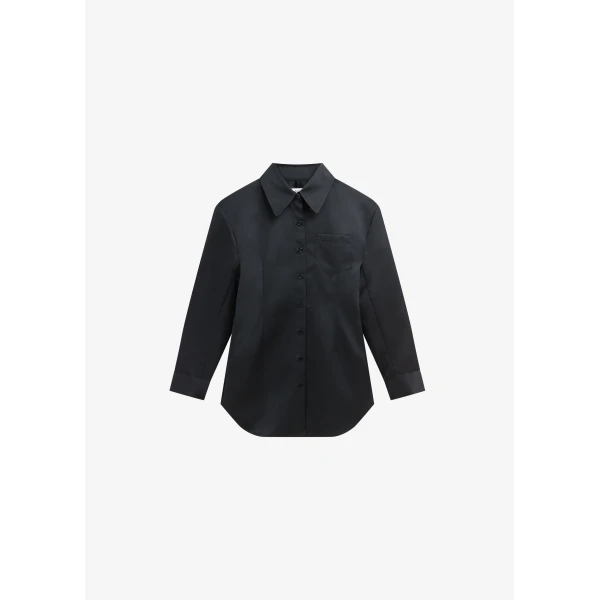 The Frankie Shop Akita Satin Cinched Shirt Dress - Black - Oversized Minimalist Tops in Black - Shop at Luxury Shoes 