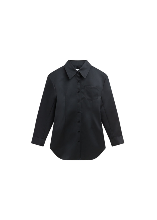 The Frankie Shop Akita Satin Cinched Shirt Dress - Black - Oversized Minimalist Tops in Black - Shop at Luxury Shoes 