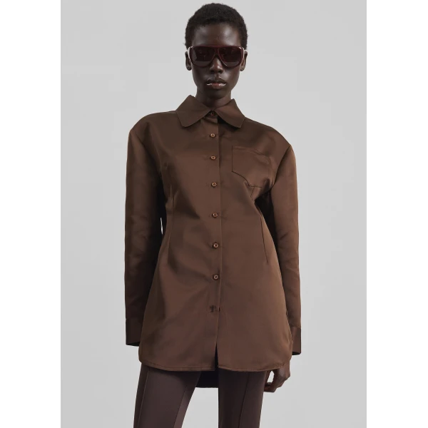 The Frankie Shop Akita Satin Cinched Shirt Dress - Brown - Oversized Minimalist Tops in Brown - Shop at Luxury Shoes 