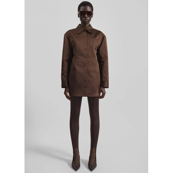 The Frankie Shop Akita Satin Cinched Shirt Dress - Brown - Oversized Minimalist Tops in Brown - Shop at Luxury Shoes 
