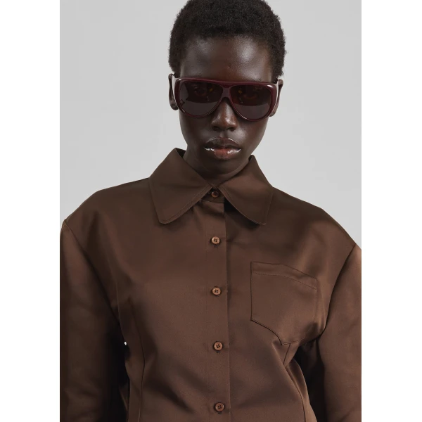 The Frankie Shop Akita Satin Cinched Shirt Dress - Brown - Oversized Minimalist Tops in Brown - Shop at Luxury Shoes 