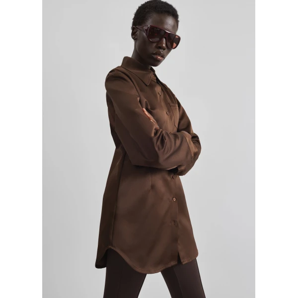The Frankie Shop Akita Satin Cinched Shirt Dress - Brown - Oversized Minimalist Tops in Brown - Shop at Luxury Shoes 