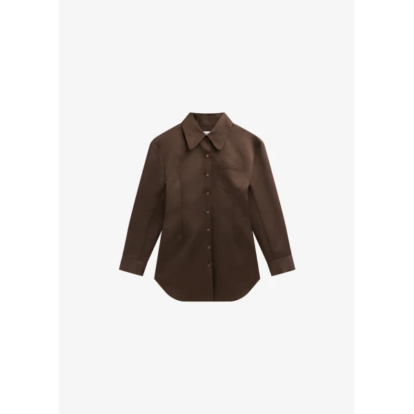 The Frankie Shop Akita Satin Cinched Shirt Dress - Brown - Oversized Minimalist Tops in Brown - Shop at Luxury Shoes 