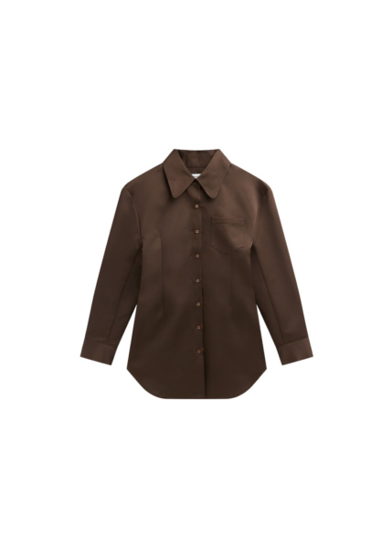 The Frankie Shop Akita Satin Cinched Shirt Dress - Brown - Oversized Minimalist Tops in Brown - Shop at Luxury Shoes 