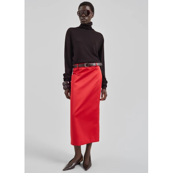 The Frankie Shop Alrose Satin Midi Skirt - Red - Oversized Minimalist Skirts in Red - Shop at Luxury Shoes 
