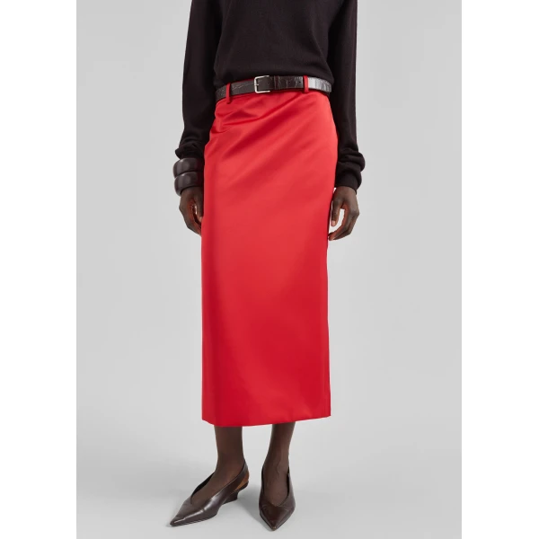 The Frankie Shop Alrose Satin Midi Skirt - Red - Oversized Minimalist Skirts in Red - Shop at Luxury Shoes 