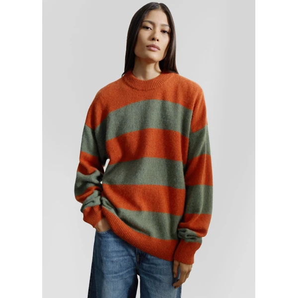 The Frankie Shop Amish Supplies Crewneck Sweater - Sage/Orange - Oversized Minimalist Knitwear in Green - Shop at Luxury Shoes 