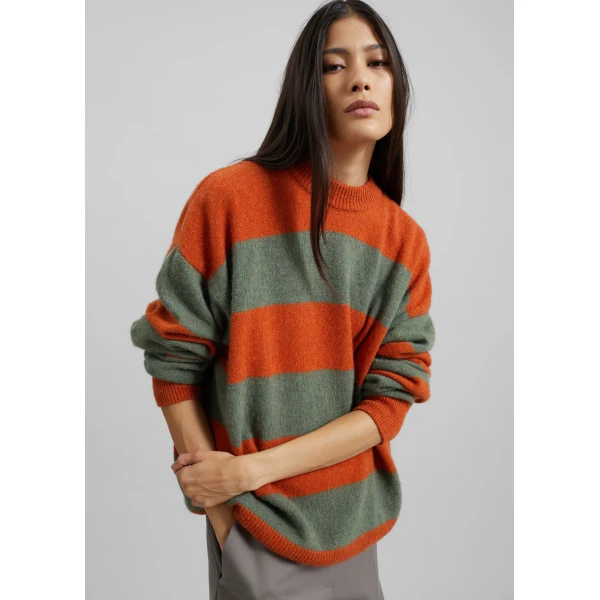 The Frankie Shop Amish Supplies Crewneck Sweater - Sage/Orange - Oversized Minimalist Knitwear in Green - Shop at Luxury Shoes 