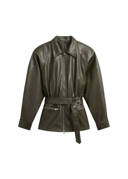 The Frankie Shop Annette Faux Leather Peplum Jacket - Olive - Oversized Minimalist Jackets in Green - Shop at Luxury Shoes 