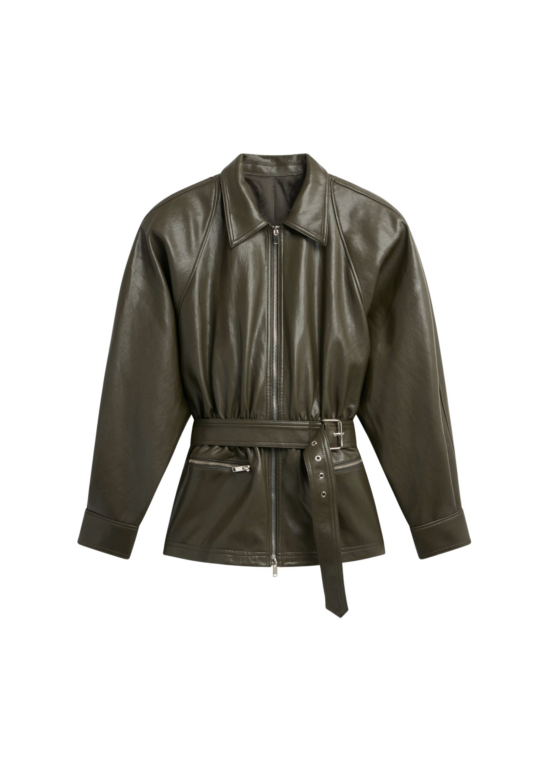 The Frankie Shop Annette Faux Leather Peplum Jacket - Olive - Oversized Minimalist Jackets in Green - Shop at Luxury Shoes 