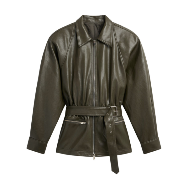 The Frankie Shop Annette Faux Leather Peplum Jacket – Olive