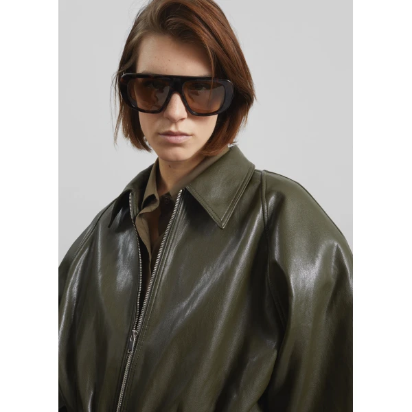 The Frankie Shop Annette Faux Leather Peplum Jacket - Olive - Oversized Minimalist Jackets in Green - Shop at Luxury Shoes 