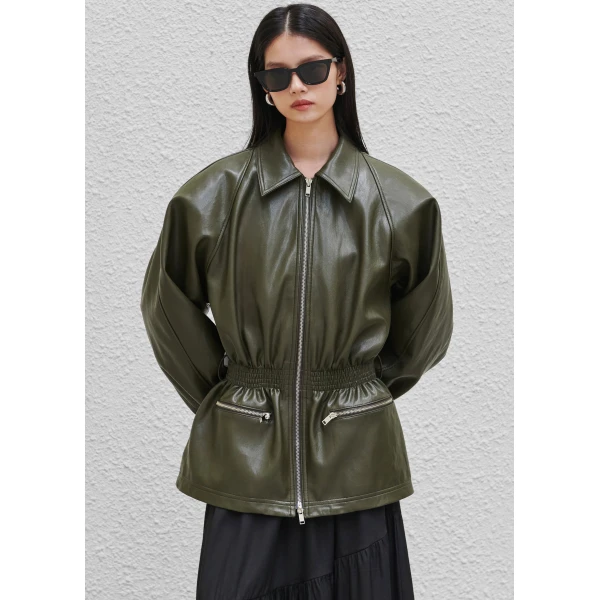 The Frankie Shop Annette Faux Leather Peplum Jacket - Olive - Oversized Minimalist Jackets in Green - Shop at Luxury Shoes 