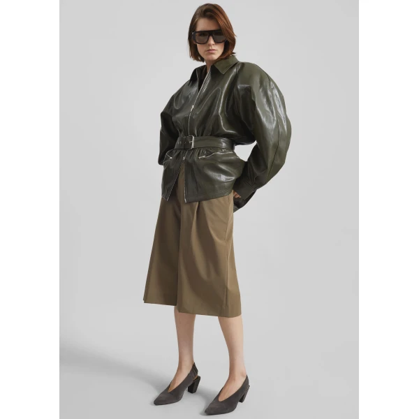 The Frankie Shop Annette Faux Leather Peplum Jacket - Olive - Oversized Minimalist Jackets in Green - Shop at Luxury Shoes 