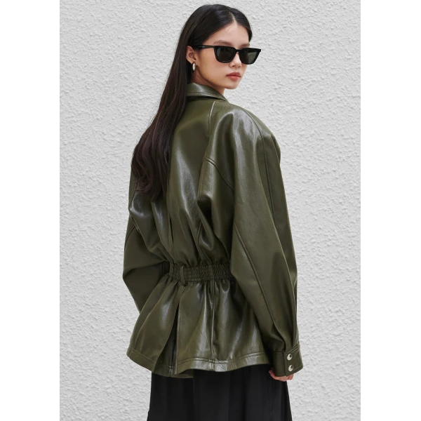 The Frankie Shop Annette Faux Leather Peplum Jacket - Olive - Oversized Minimalist Jackets in Green - Shop at Luxury Shoes 