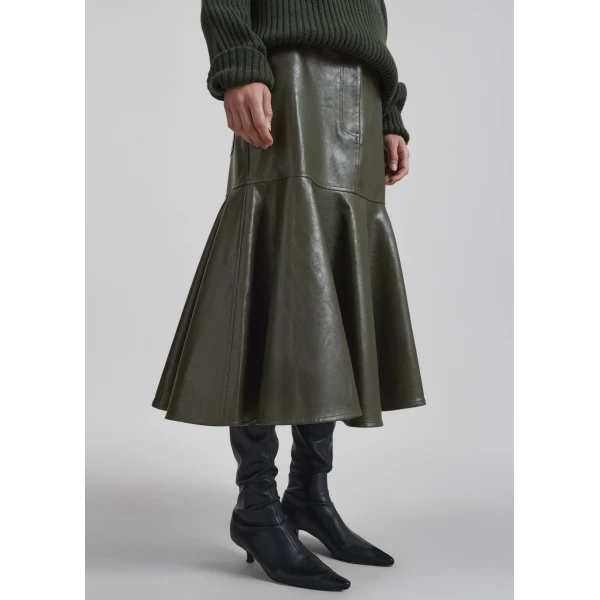 The Frankie Shop Arvika Faux Leather Mermaid Skirt - Dark Olive - Oversized Minimalist Skirts in Green - Shop at Luxury Shoes 