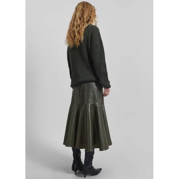 The Frankie Shop Arvika Faux Leather Mermaid Skirt - Dark Olive - Oversized Minimalist Skirts in Green - Shop at Luxury Shoes 