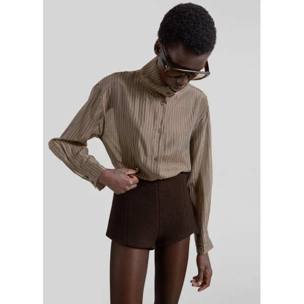 The Frankie Shop Avila Sheer Fluid Shirt - Brown/White Stripe - Oversized Minimalist Tops in Brown - Shop at Luxury Shoes 